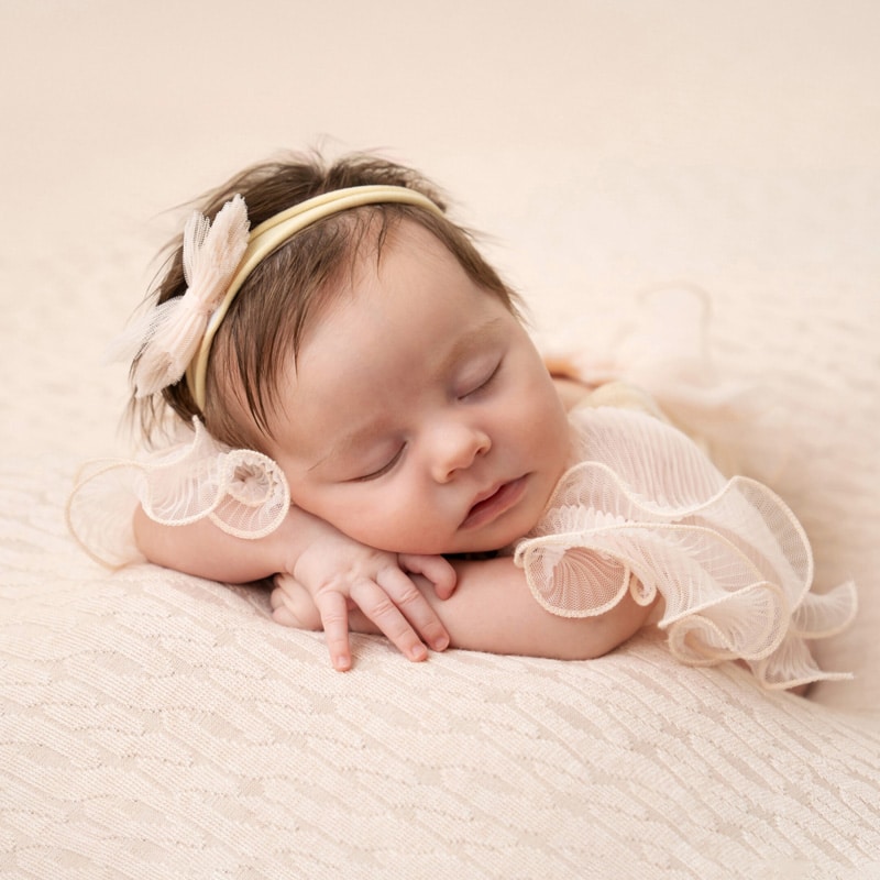 Newborn photography of a sleeping baby on a soft, peach blanket, dressed in a delicate ruffled outfit with a bow headband.