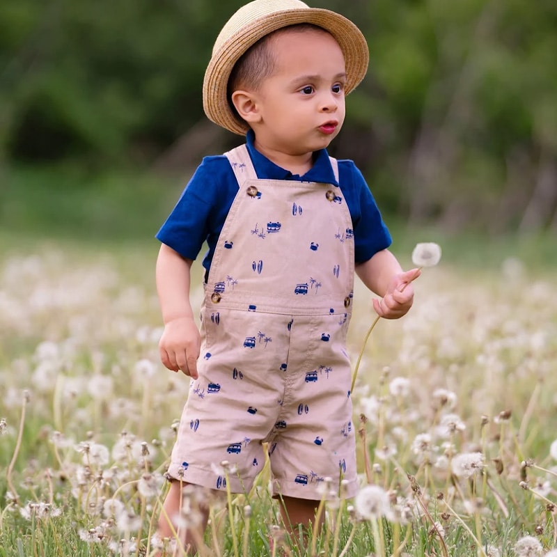 A toddler wearing a straw hat and overalls standing in a field of dandelions on a sunny day.